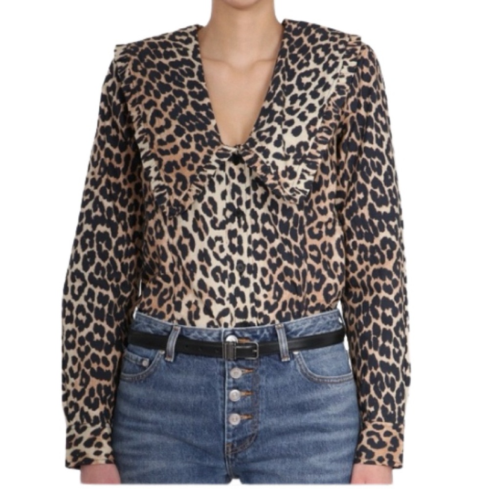 NWT GANNI Ruffled Collar Leopard Print Cotton Poplin Long Sleeve Top - Sz 6